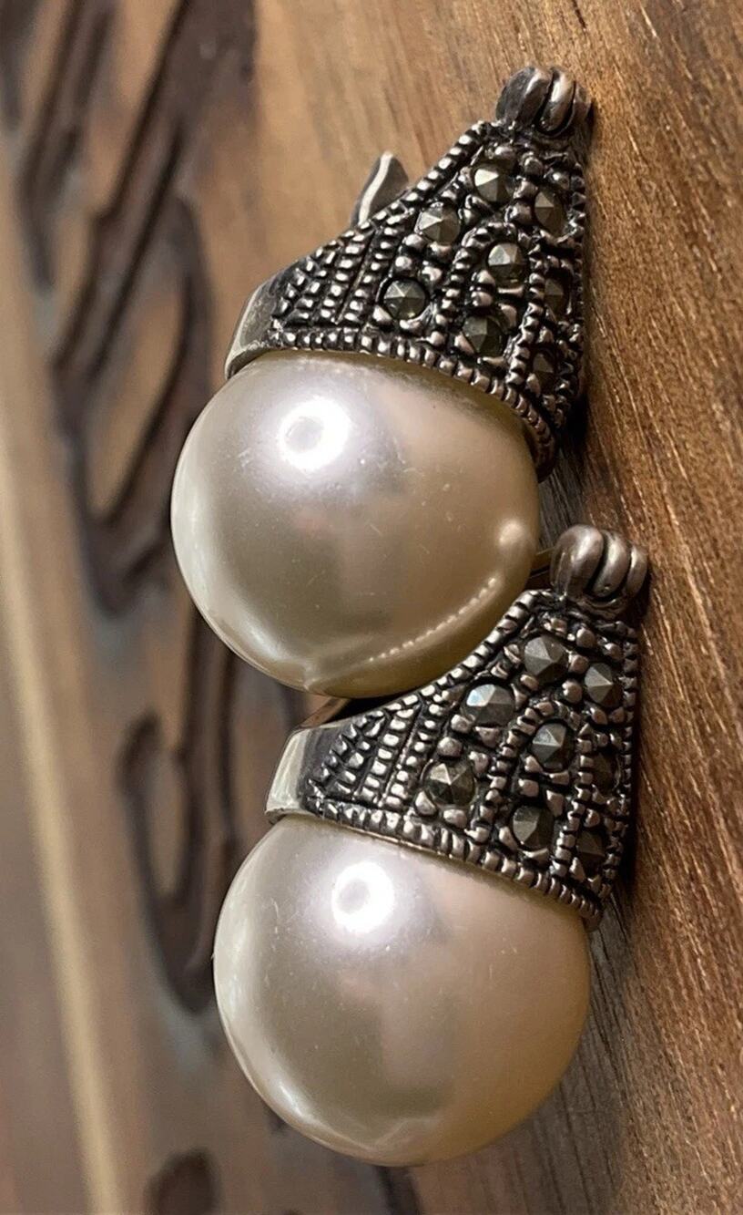 Vintage 925 Genuine Pearl and Marcasite Lever Back Sterling Silver Earrings